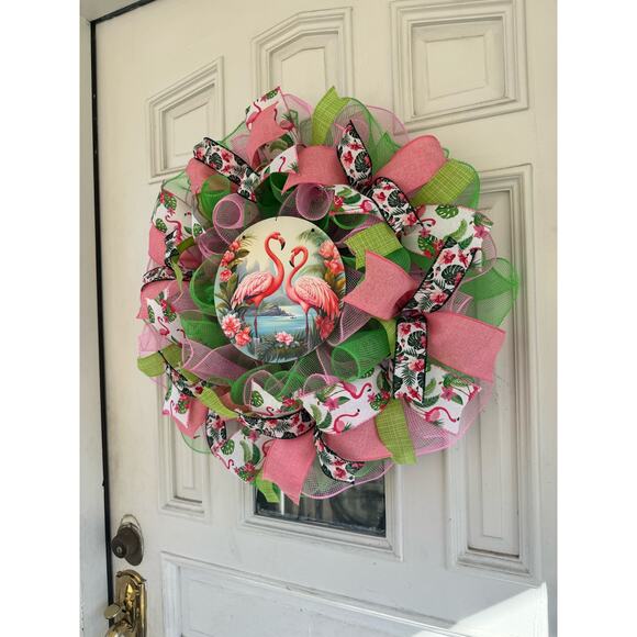 Pink Flamingo Mesh Ribbon Tropical Spring & Summer Wreath Front Door Hanger - Picture 6 of 7